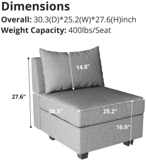 Modular Armless Chair - Customizable Fabric Middle Module for Sectional Couches Sofa, Grey