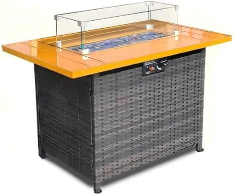 Propane Gas Fire Pit Table - 55000 BTU Rectangular with Glass Wind Guard Aluminum Top for Outside Patio Deck Garden Backyard