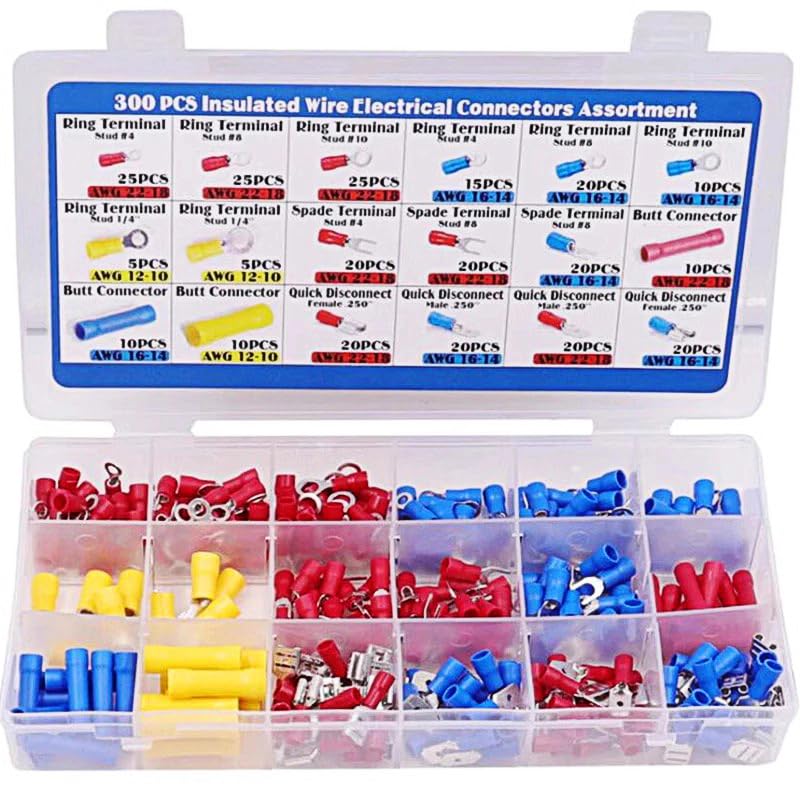 Insulated Electrical Connectors Kit 【300 PCS】– Crimp Terminal Assortment (Butt, Ring, Spade, Quick Disconnect) for Automotive, Marine & DIY Wiring – Waterproof, Secure Wire Connections