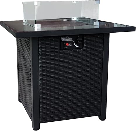 Propane Gas Fire Pit Table - 55000 BTU Rectangular with Glass Wind Guard Aluminum Top for Outside Patio Deck Garden Backyard