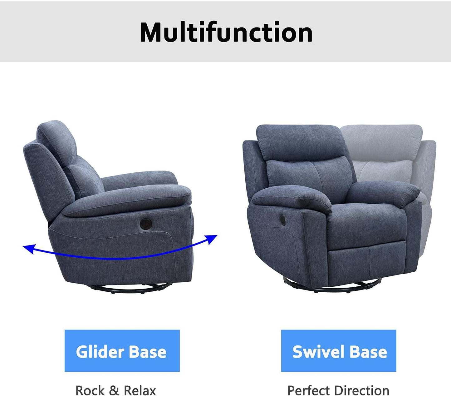 Super Drive Power Recliner Chair - Glider Recliner, 360° Swivel, for Small Spaces, Living Room, Bedroom,Blue