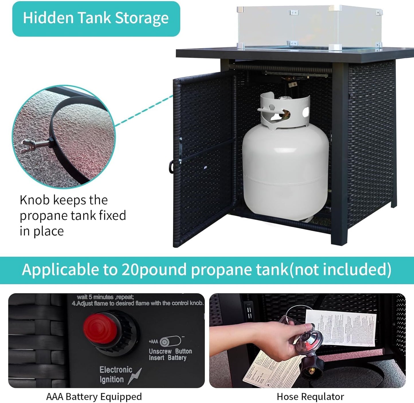 Propane Gas Fire Pit Table - 55000 BTU Rectangular with Glass Wind Guard Aluminum Top for Outside Patio Deck Garden Backyard