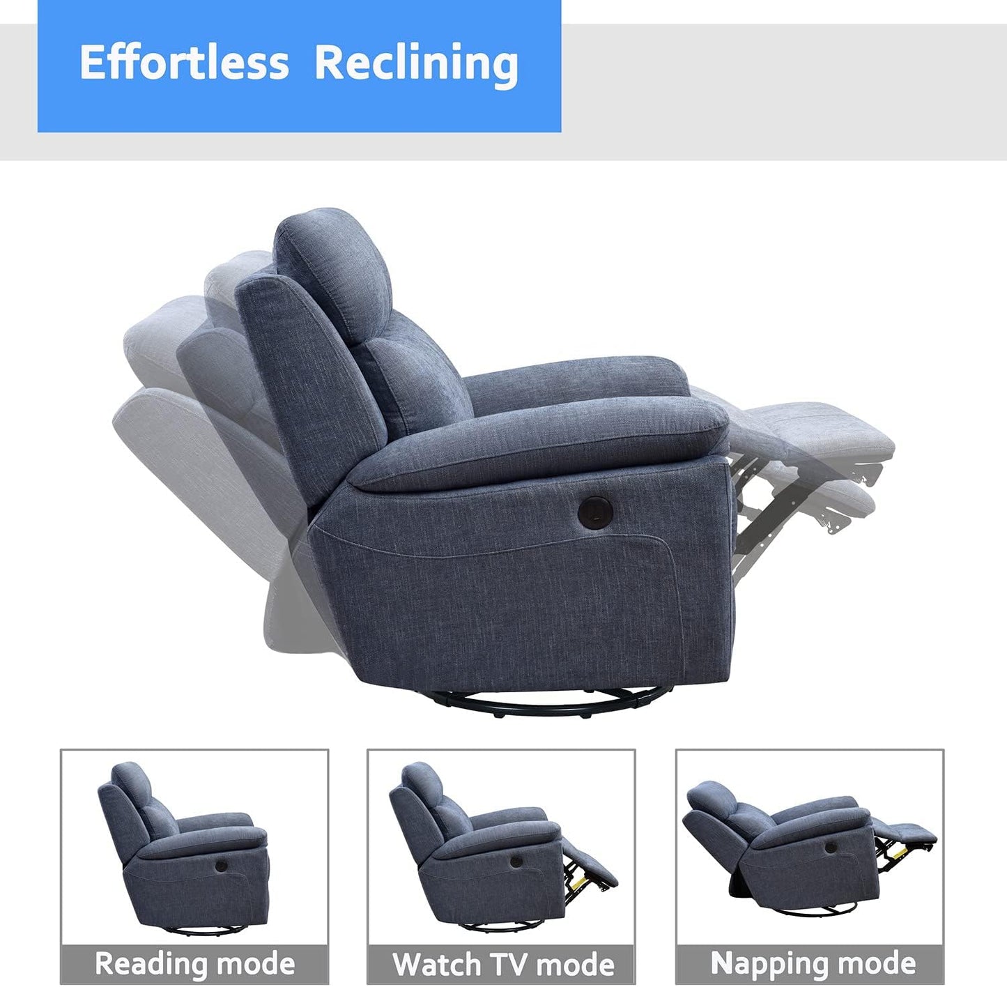 Super Drive Power Recliner Chair - Glider Recliner, 360° Swivel, for Small Spaces, Living Room, Bedroom,Blue