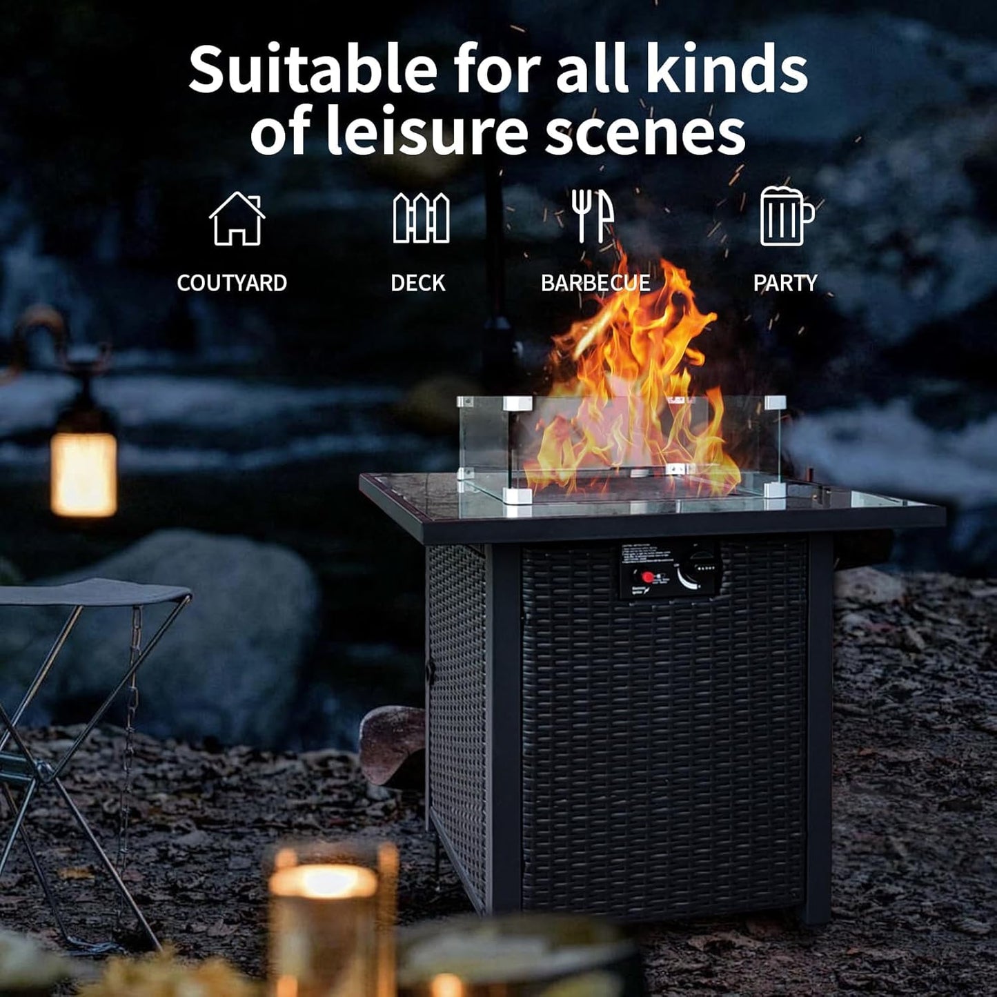 Propane Gas Fire Pit Table - 55000 BTU Rectangular with Glass Wind Guard Aluminum Top for Outside Patio Deck Garden Backyard