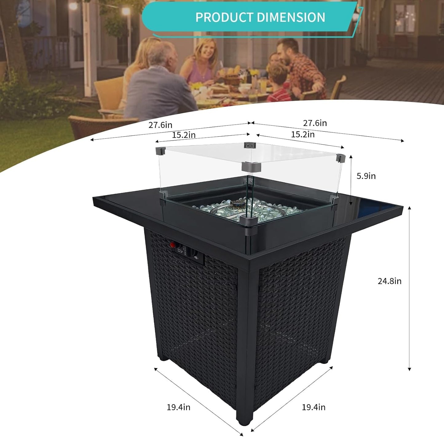 Propane Gas Fire Pit Table - 55000 BTU Rectangular with Glass Wind Guard Aluminum Top for Outside Patio Deck Garden Backyard