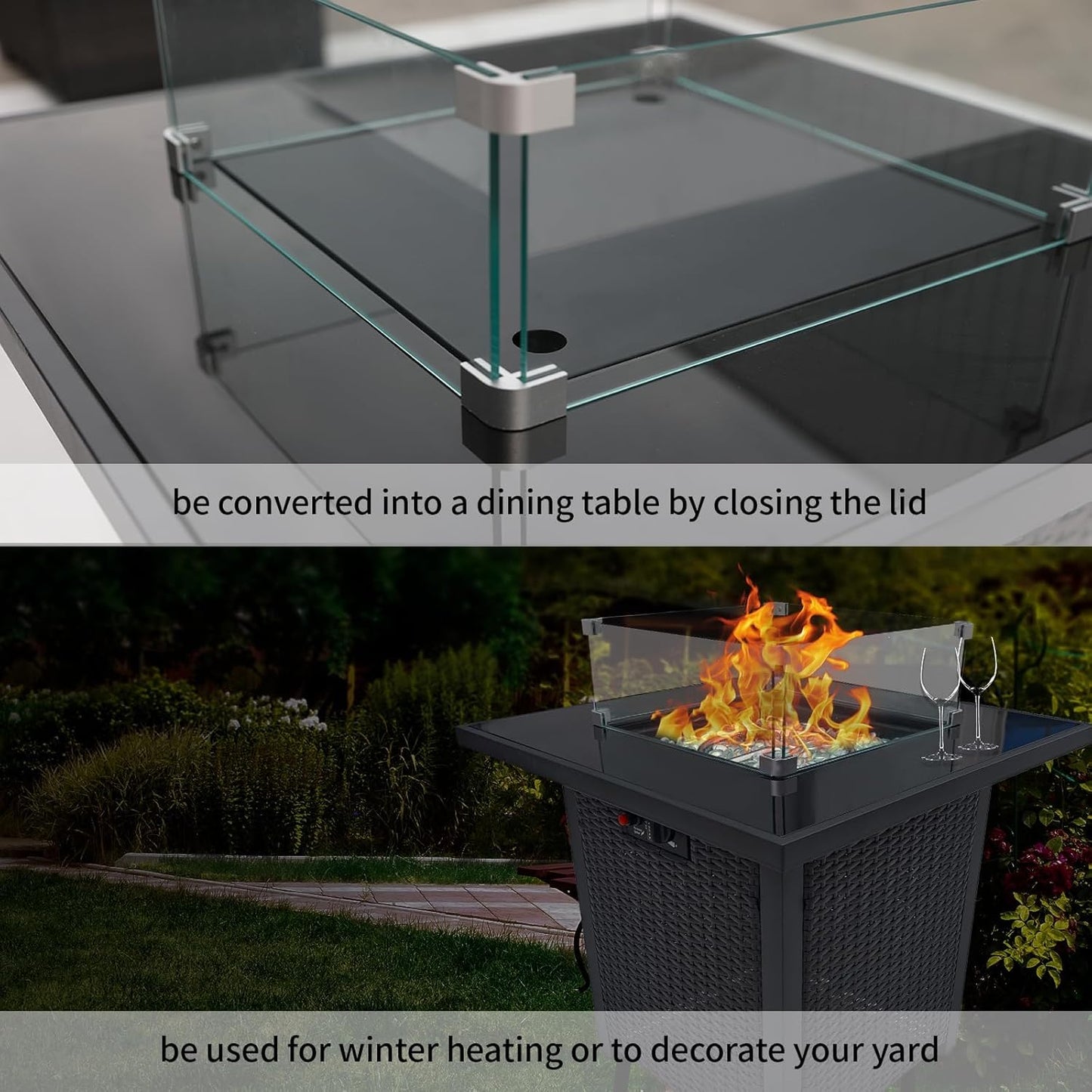 Propane Gas Fire Pit Table - 55000 BTU Rectangular with Glass Wind Guard Aluminum Top for Outside Patio Deck Garden Backyard