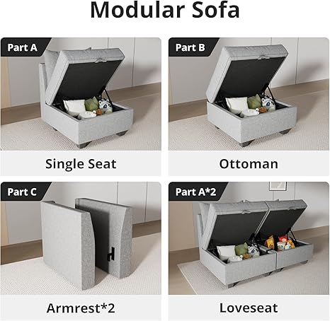 Modular Armless Chair - Customizable Fabric Middle Module for Sectional Couches Sofa, Grey