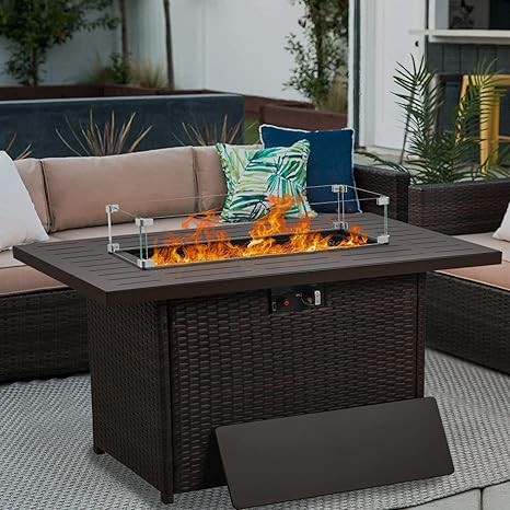 Propane Gas Fire Pit Table - 55000 BTU Rectangular with Glass Wind Guard Aluminum Top for Outside Patio Deck Garden Backyard