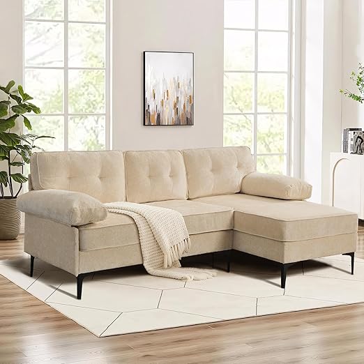 L-Shaped Convertible Sectional Sofa - Reversible Chaise, Modern Chenille Sofa for Living Room, 3-Seater for Apartment, Small Spaces