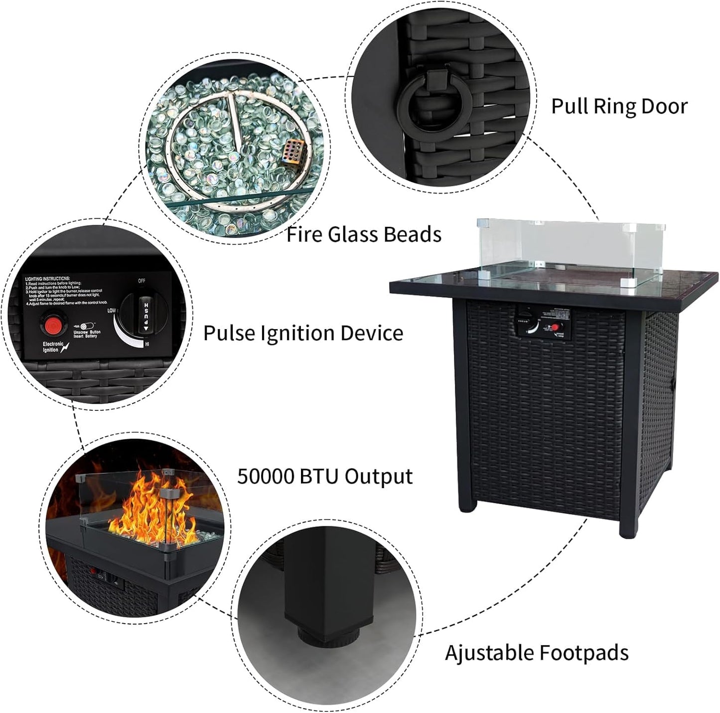 Propane Gas Fire Pit Table - 55000 BTU Rectangular with Glass Wind Guard Aluminum Top for Outside Patio Deck Garden Backyard