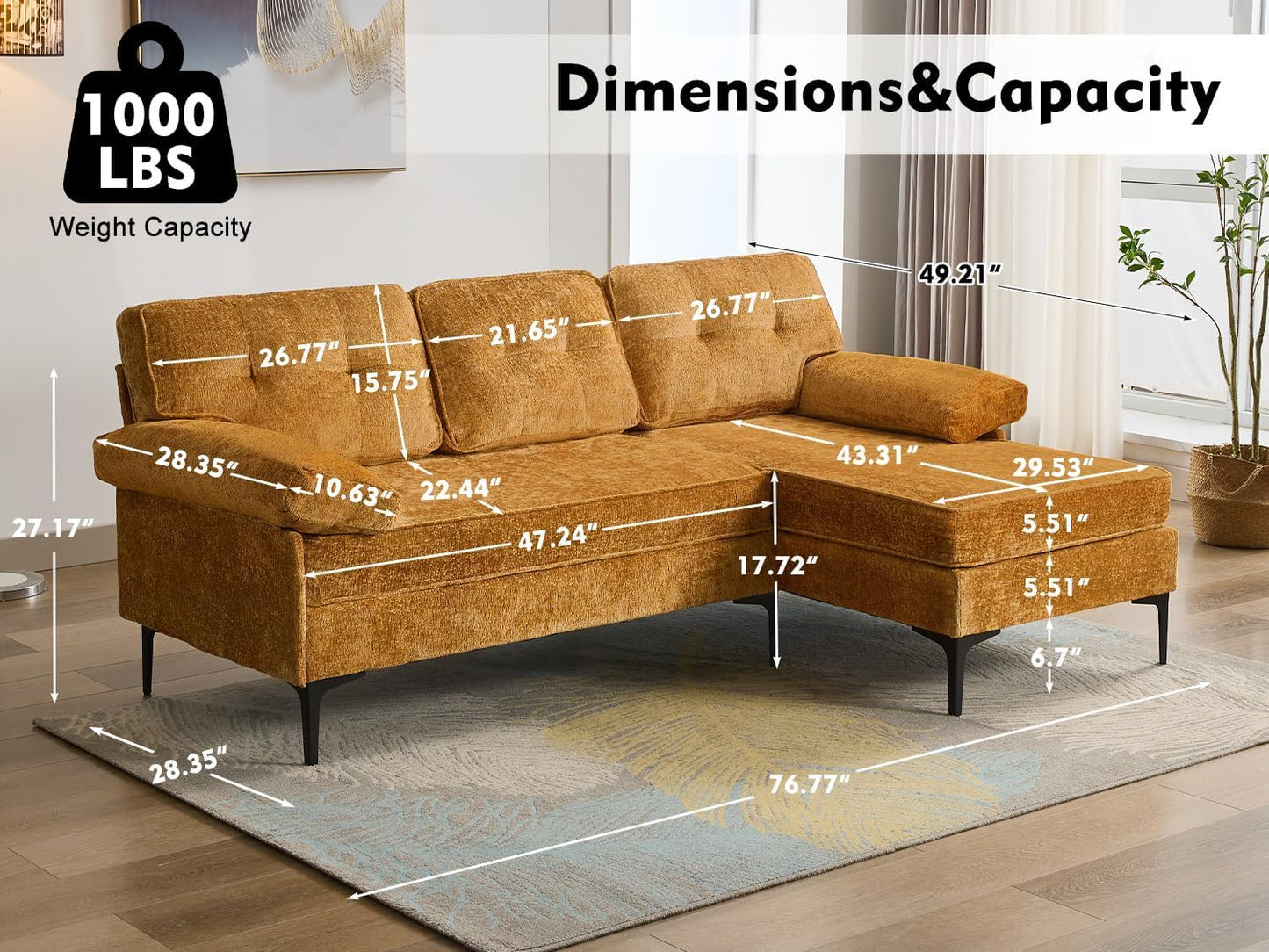 L-Shaped Convertible Sectional Sofa - Reversible Chaise, Modern Chenille Sofa for Living Room, 3-Seater for Apartment, Small Spaces