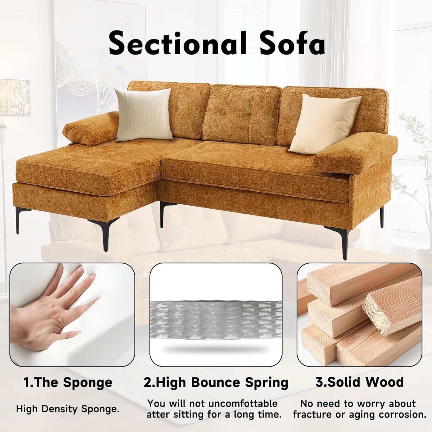 L-Shaped Convertible Sectional Sofa - Reversible Chaise, Modern Chenille Sofa for Living Room, 3-Seater for Apartment, Small Spaces