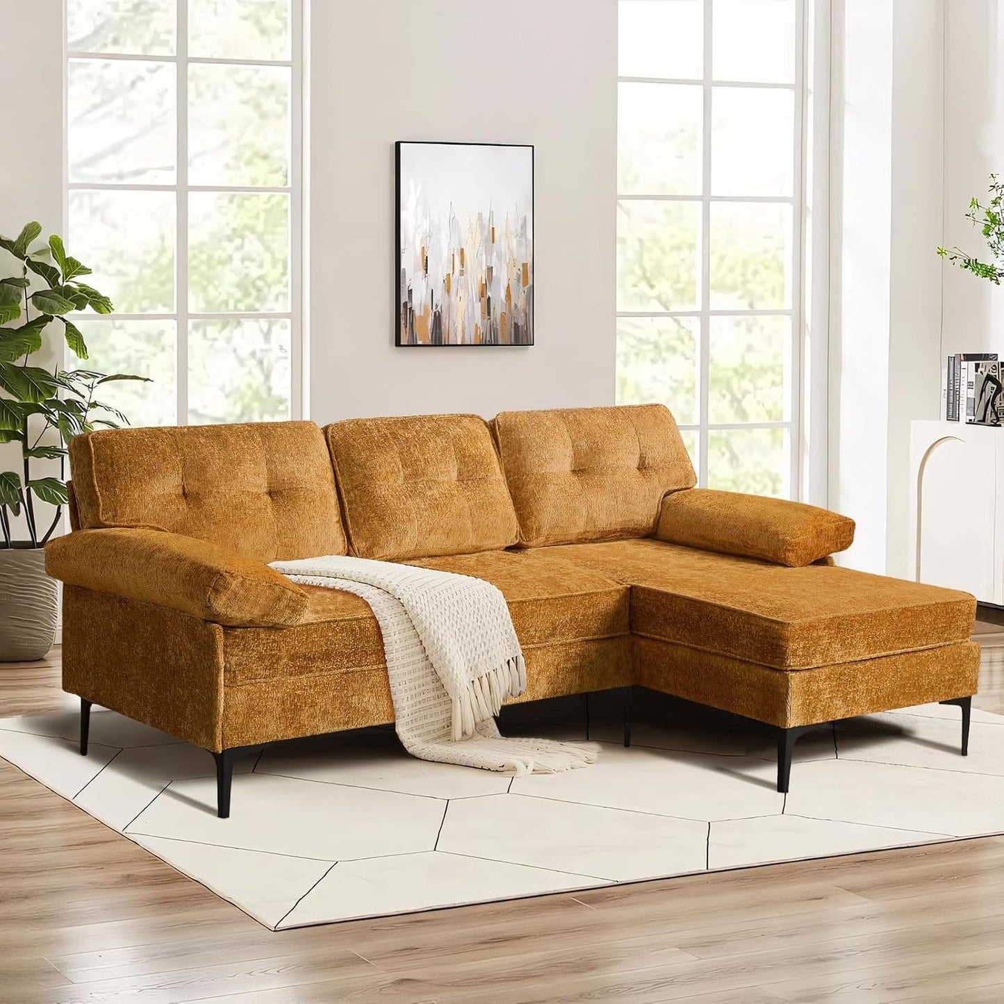 L-Shaped Convertible Sectional Sofa - Reversible Chaise, Modern Chenille Sofa for Living Room, 3-Seater for Apartment, Small Spaces