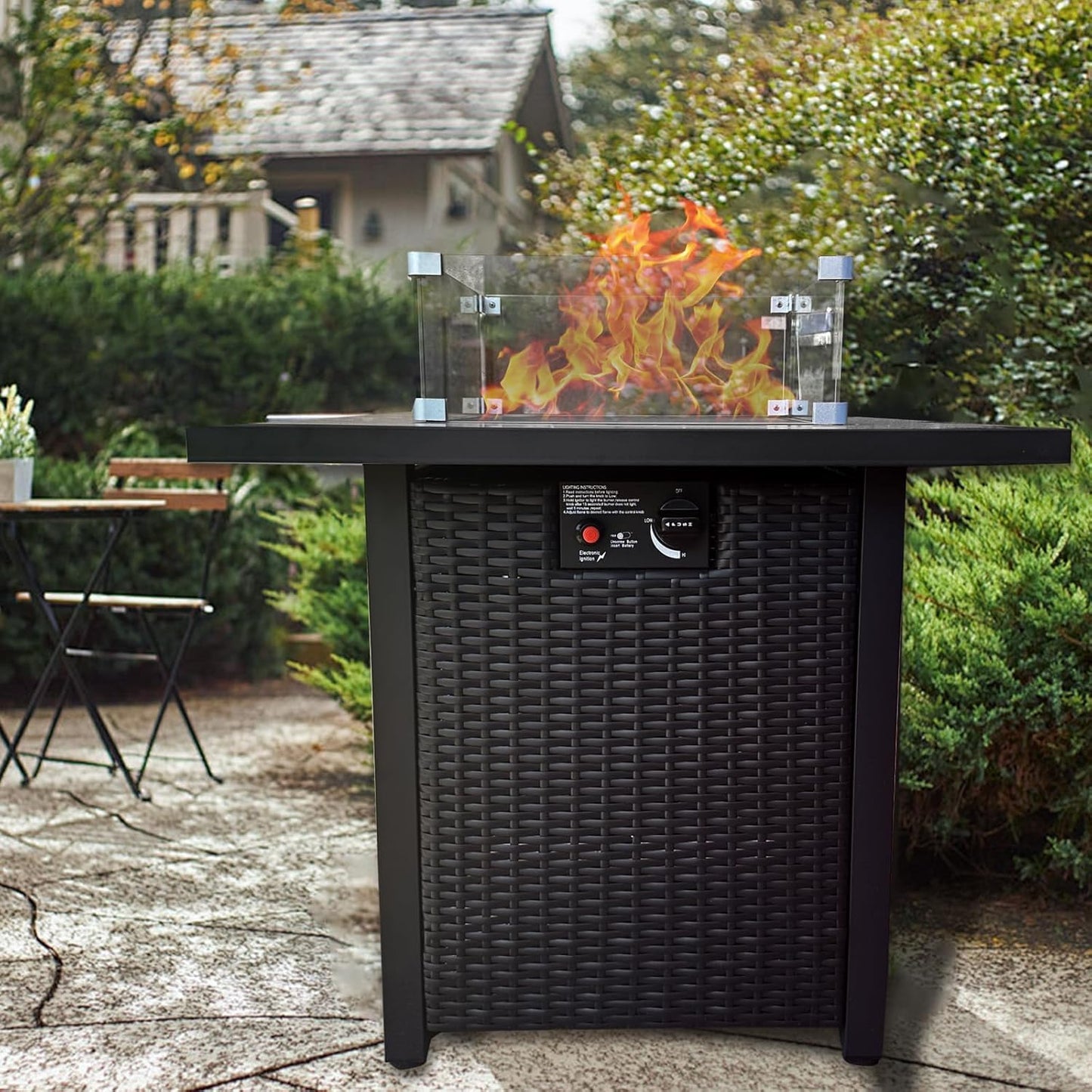 Propane Gas Fire Pit Table - 55000 BTU Rectangular with Glass Wind Guard Aluminum Top for Outside Patio Deck Garden Backyard