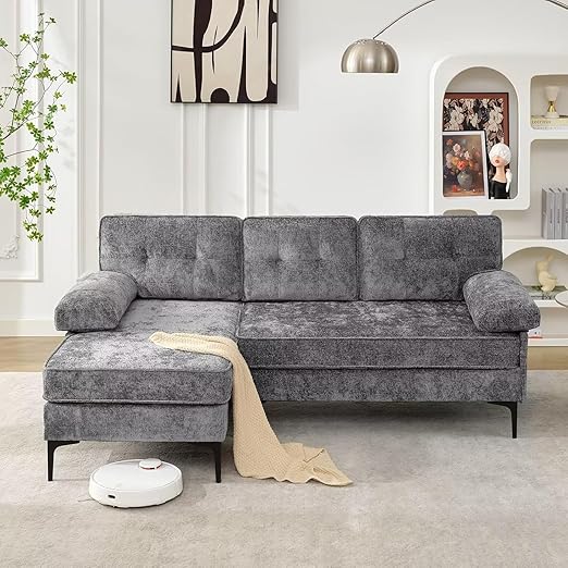 L-Shaped Convertible Sectional Sofa - Reversible Chaise, Modern Chenille Sofa for Living Room, 3-Seater for Apartment, Small Spaces