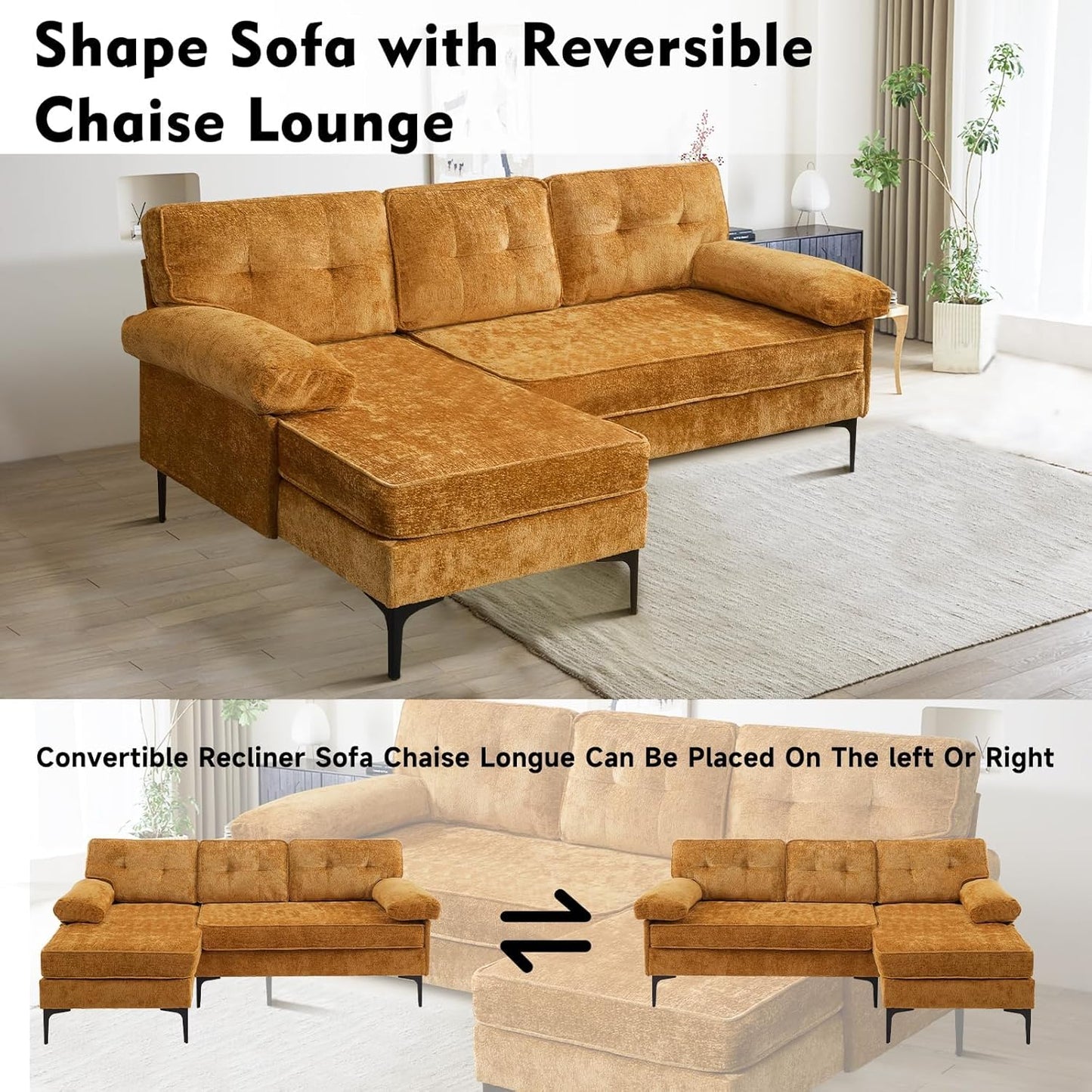 L-Shaped Convertible Sectional Sofa - Reversible Chaise, Modern Chenille Sofa for Living Room, 3-Seater for Apartment, Small Spaces