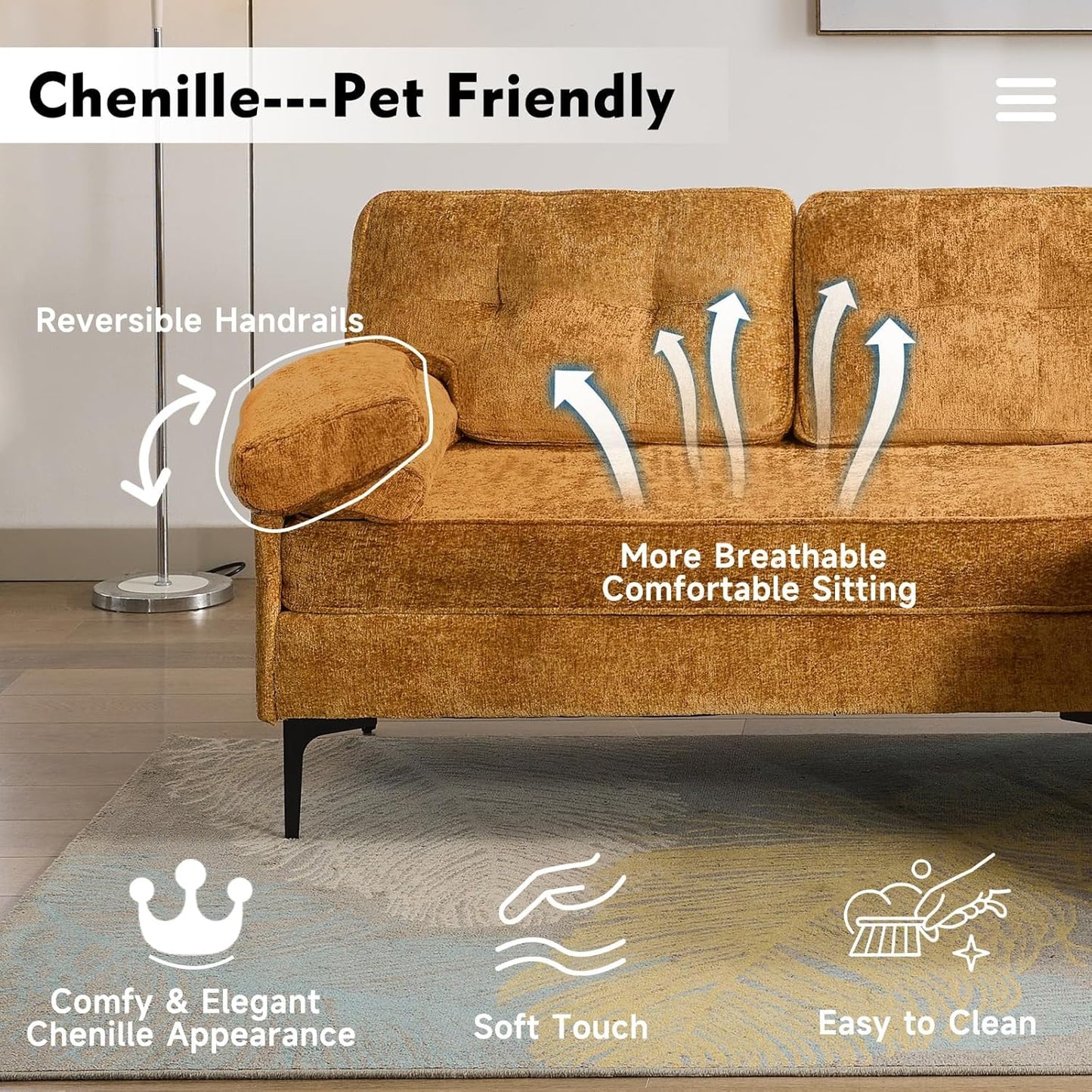 L-Shaped Convertible Sectional Sofa - Reversible Chaise, Modern Chenille Sofa for Living Room, 3-Seater for Apartment, Small Spaces