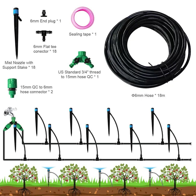 Adjustable Drip Irrigation System with Push-to-Connect 1/4” Emitters & 50ft Tubing