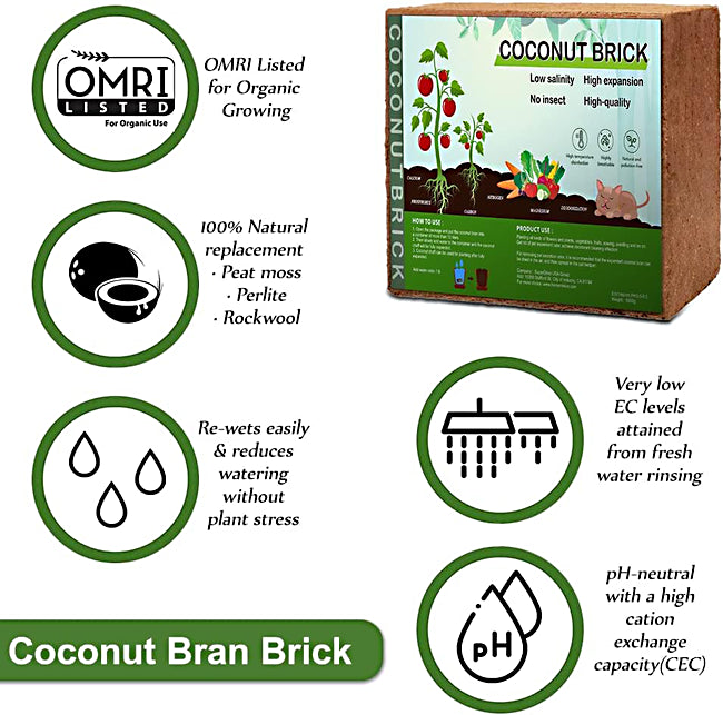 Premium Organic Coco Coir Brick - Compressed Coconut Fiber, Low EC/pH Balance (650g, 8-Pack)