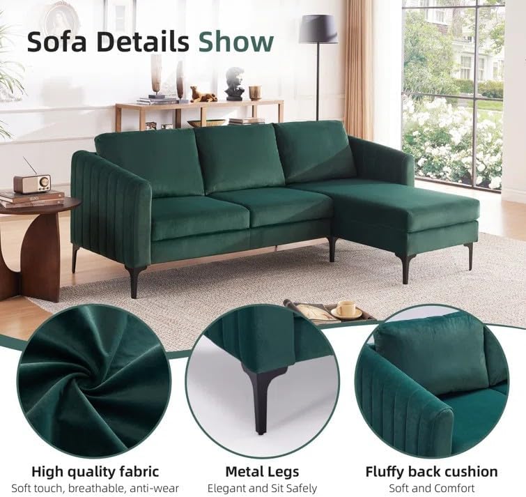 84'' L-Shape Velvet Sectional Sofa - With Chaise, for Living Room, Apartment, Office